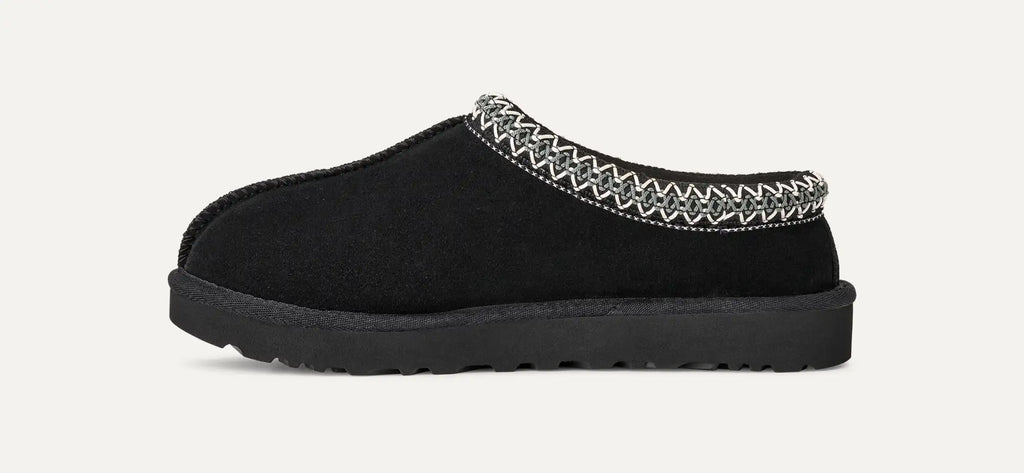 Women’s Tasman II Black Suede Slippers – Slip-On Clog Comfort Shoes with Embroidered Detail