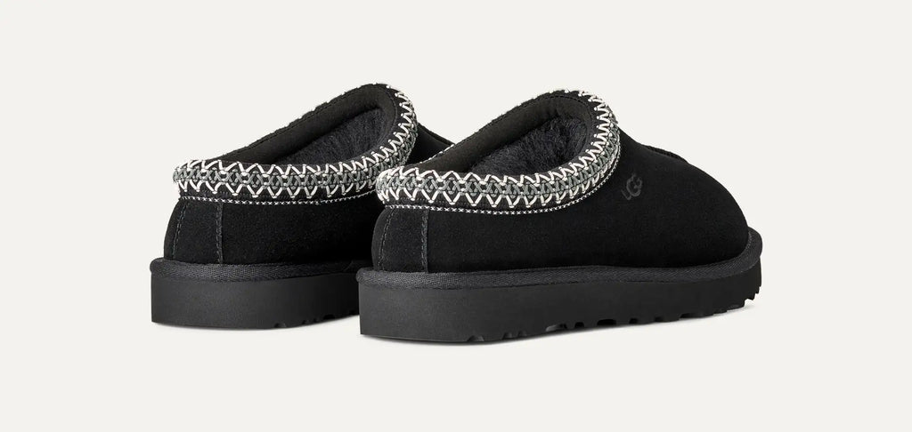 Women’s Tasman II Black Suede Slippers – Slip-On Clog Comfort Shoes with Embroidered Detail
