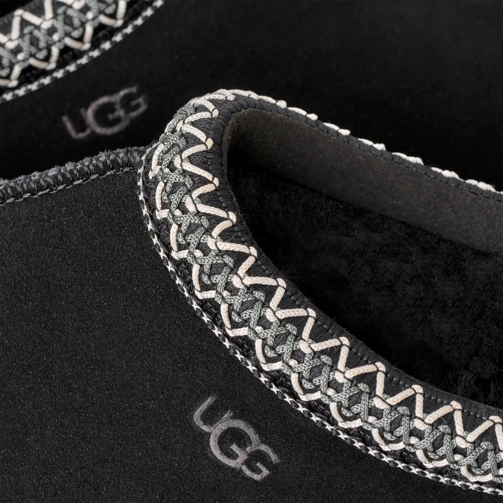 Women’s Tasman II Black Suede Slippers – Slip-On Clog Comfort Shoes with Embroidered Detail