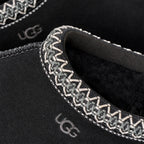 Women’s Tasman II Black Suede Slippers – Slip-On Clog Comfort Shoes with Embroidered Detail