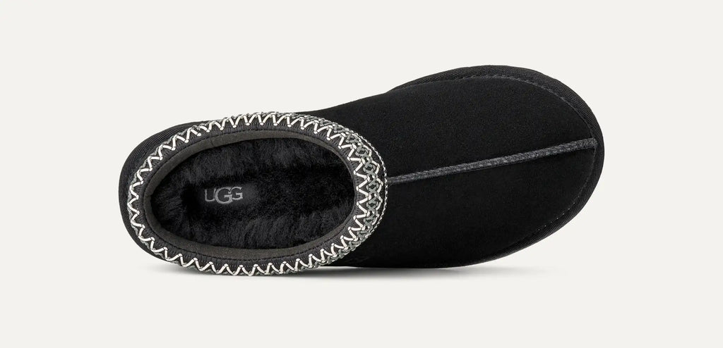 Women’s Tasman II Black Suede Slippers – Slip-On Clog Comfort Shoes with Embroidered Detail
