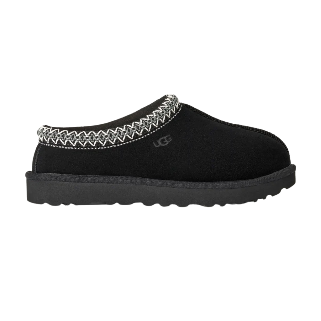 Women’s Tasman II Black Suede Slippers – Slip-On Clog Comfort Shoes with Embroidered Detail