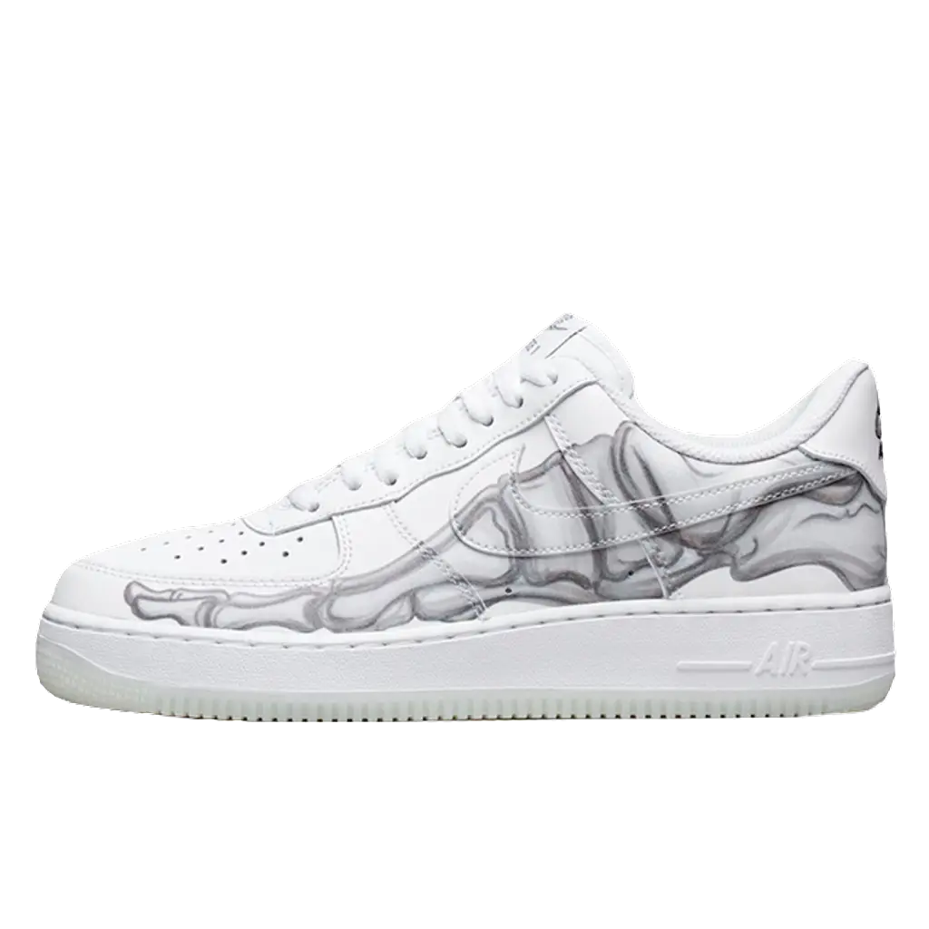 Shop the Nike Air Force 1 ’07 Skeleton QS featuring premium black leather, skeleton-inspired design, and classic Air Force 1 low-top silhouette.
